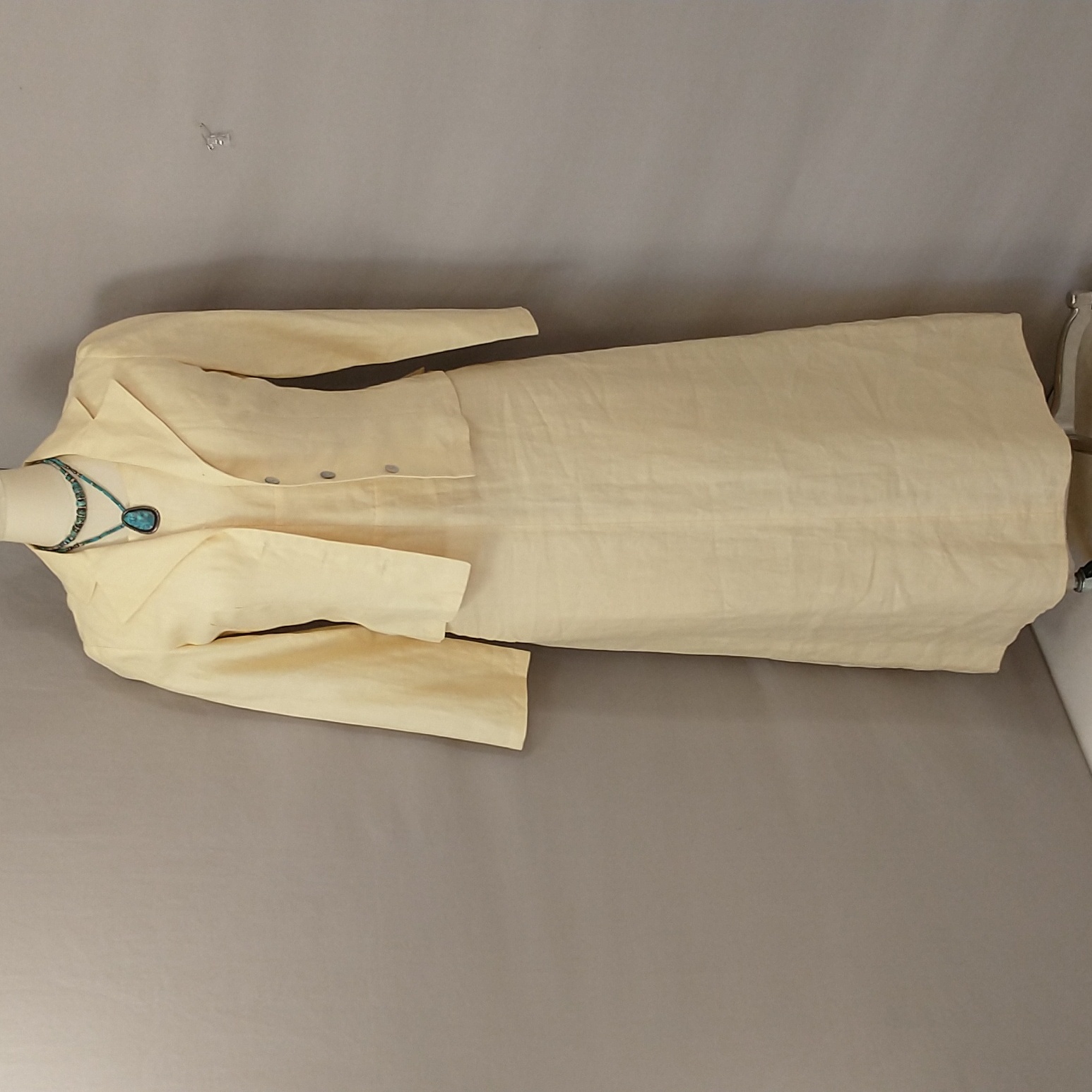 100% French Linen Designer Dress Jacket Set Pale Yellow Paris Elegant Classic